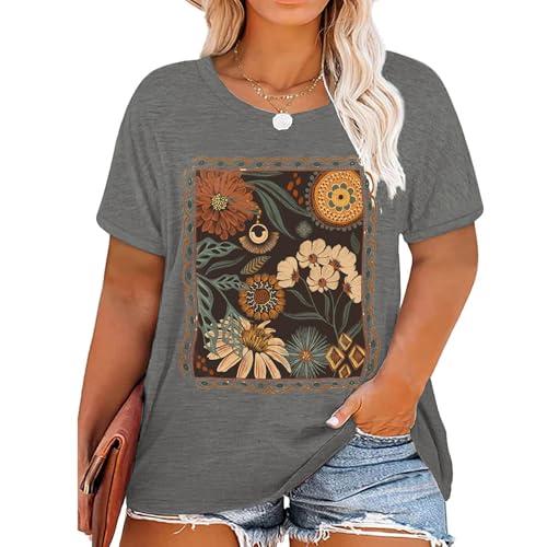 Plus Size Tops for Women Vintage Flower Graphic Tees Boho Floral Wildflowers Casual T Shirt Summer Short Sleeve Tops(Gray2,XL)