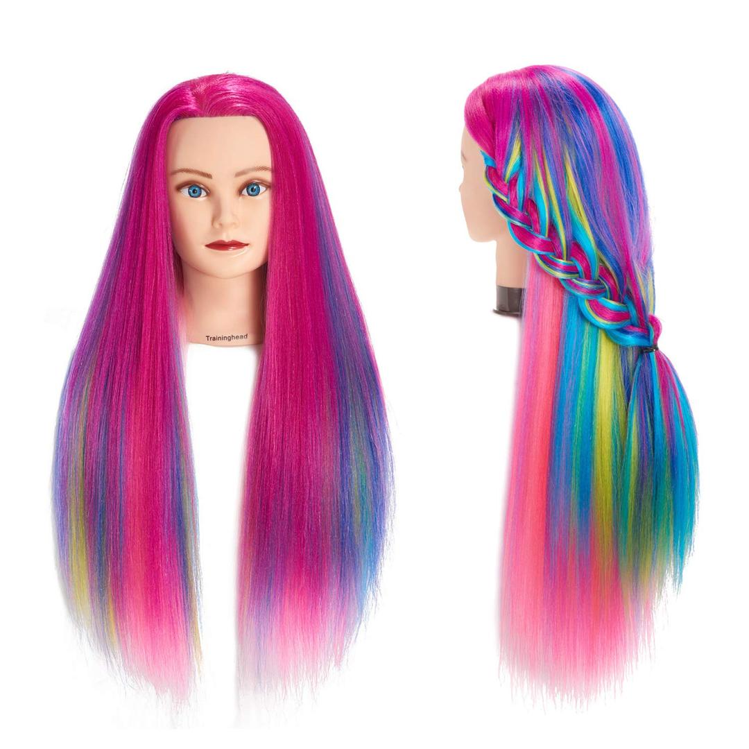 Training Head 26"-28" Long Hair Mannequin Training Head Dolls for Cosmetology Synthetic Fiber Hair Styling Hairdressing Manikin Head for Hairdresser with Clamp Stand (Multicolored)