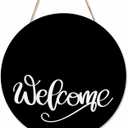 Welcome Sign for Front Door Porch Black Welcome 12in Round Wreath Wall Decor for Farmhouse Home Outdoor Indoor (Style 8)