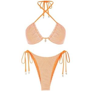 ZAFUL Women's Triangle Bikini Multiway Fishnet Tie Side Bandeau Halter String Bikini Set Two Piece Swimsuit Bathing Suits (M, Orange)
