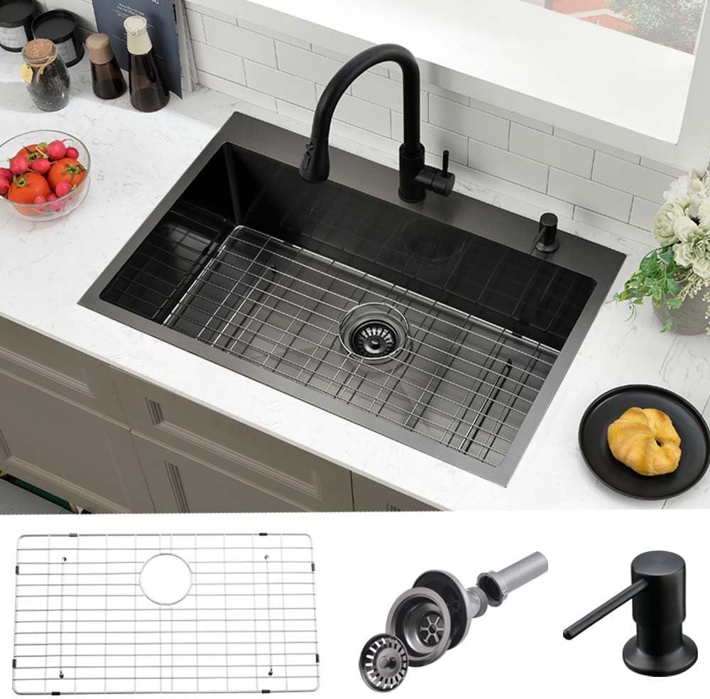 33x22 Black Drop In Kitchen Sink- 33 Inch Gunmetal Black Stainless Steel Top Mount Single Bowl 18 Gauge Deep Single Bowl Kitchen Sinks with Soap Dispenser& Bottom Grid