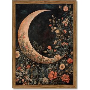 Moody Moon Floral Wall Art Dark Academia Goth Moon Wall Decor Painting Vintage Flower Celestial Artwork 3D Texture Sandstone for Bedroom Living Room 16x24 inch Wood Framed