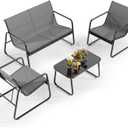 Gizoon 4 Piece Patio Furniture Set, Outdoor Conversation Set, with Glass Coffee Table, Loveseat, 2 Single Chairs, All Weather Textile Fabric, for Backyard, Balcony, Lawn, Garden, Poolside, Grey