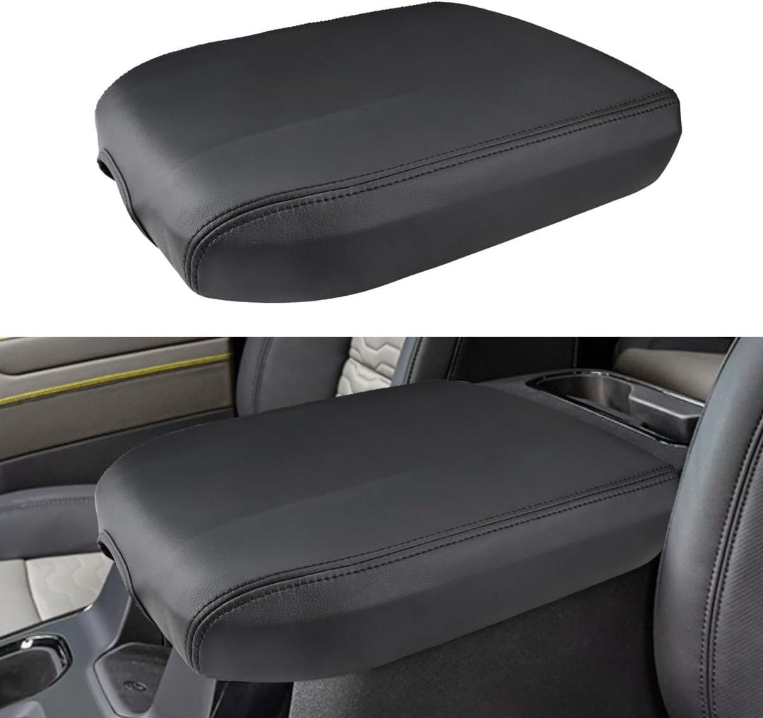 INTGET Center Console Cover for Chevy Silverado & GMC Sierra Accessories 2019 2020 2021 2022 2023 2024 2025 Leather Armrest Lid Arm Rest Box Protector (Black Stitches, Bucket Seat 19-24-All-inclusive)
