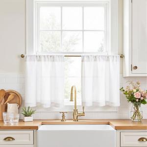 jinchan Kitchen Curtains Linen Tier Curtains 20 Inch Farmhouse Cafe Style Country Rustic Rod Pocket Light Filtering for Laundry Room Bathroom Sink RV Small Window 2 Panels White