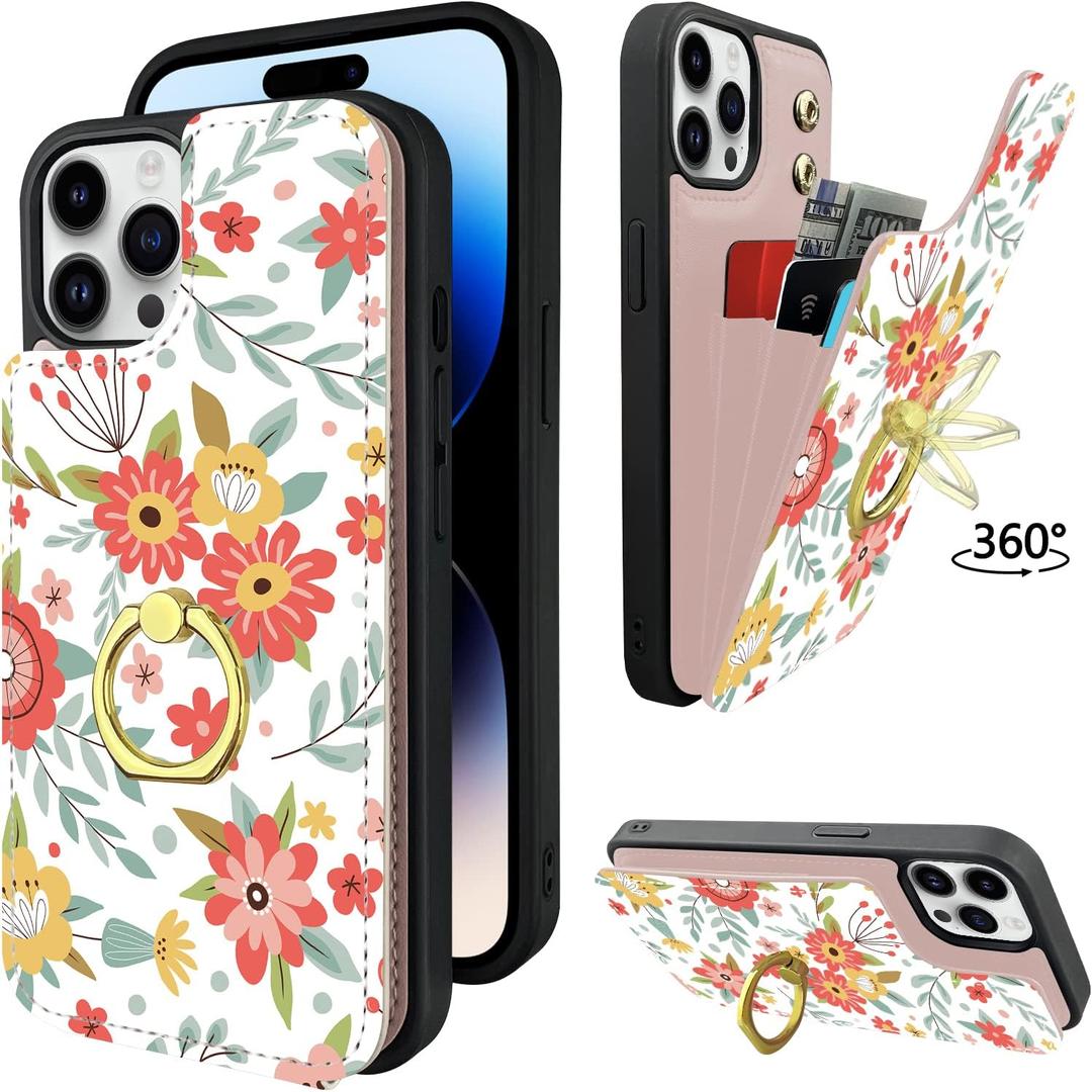 TopPerfekt Compatible with iPhone 14 Pro Max Wallet Case with Card Holder, 360°Rotation Finger Ring Holder Kickstand Protective RFID Blocking PU Leather Pattern Double Buttons Flip 6.7" Floral