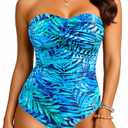 Yonique Womens Strapless One Piece Swimsuit Tummy Control Bandeau Bathing Suits Slimming Twist Front Swimwear Blue and Green Leaf XL