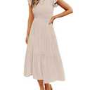 ZESICA Women's 2025 Summer Casual Flutter Short Sleeve Crew Neck Smocked Elastic Waist Tiered Midi Dress,Apricot,Medium