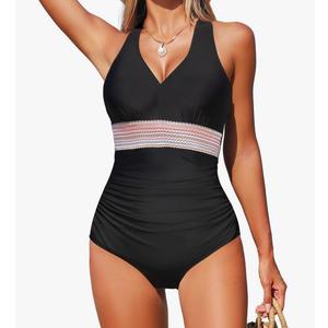 Swimsuits for Women Tummy Control One Piece Bathing Suit Modest Ruched Color Block Slimming V Neck Swimwear, 2XL