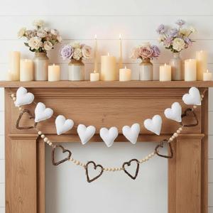 2 Pack 13.2 ft Valentines Day Grapevine Hearts Garland and White Felt Hearts Banner Vintage Rustic Wooden Bead Ornaments for Anniversary Wedding Birthday Window Wall Farmhouse Decor
