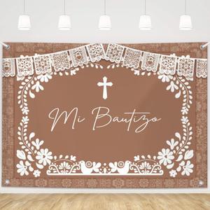MEHOFOND 7x5ft Mi Bautizo Baptism Backdrop Brown Mexican Cielito Lindo Vertical Background Christening First Holy Communion Mexican Baptism Party Banner Photo Booth Supplies