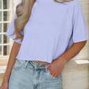 Womens Workout Cropped T Shirts Short Sleeve Drop Shoulder Tees Round Neck Loose Fit Basic Solid Crop Tops (L)