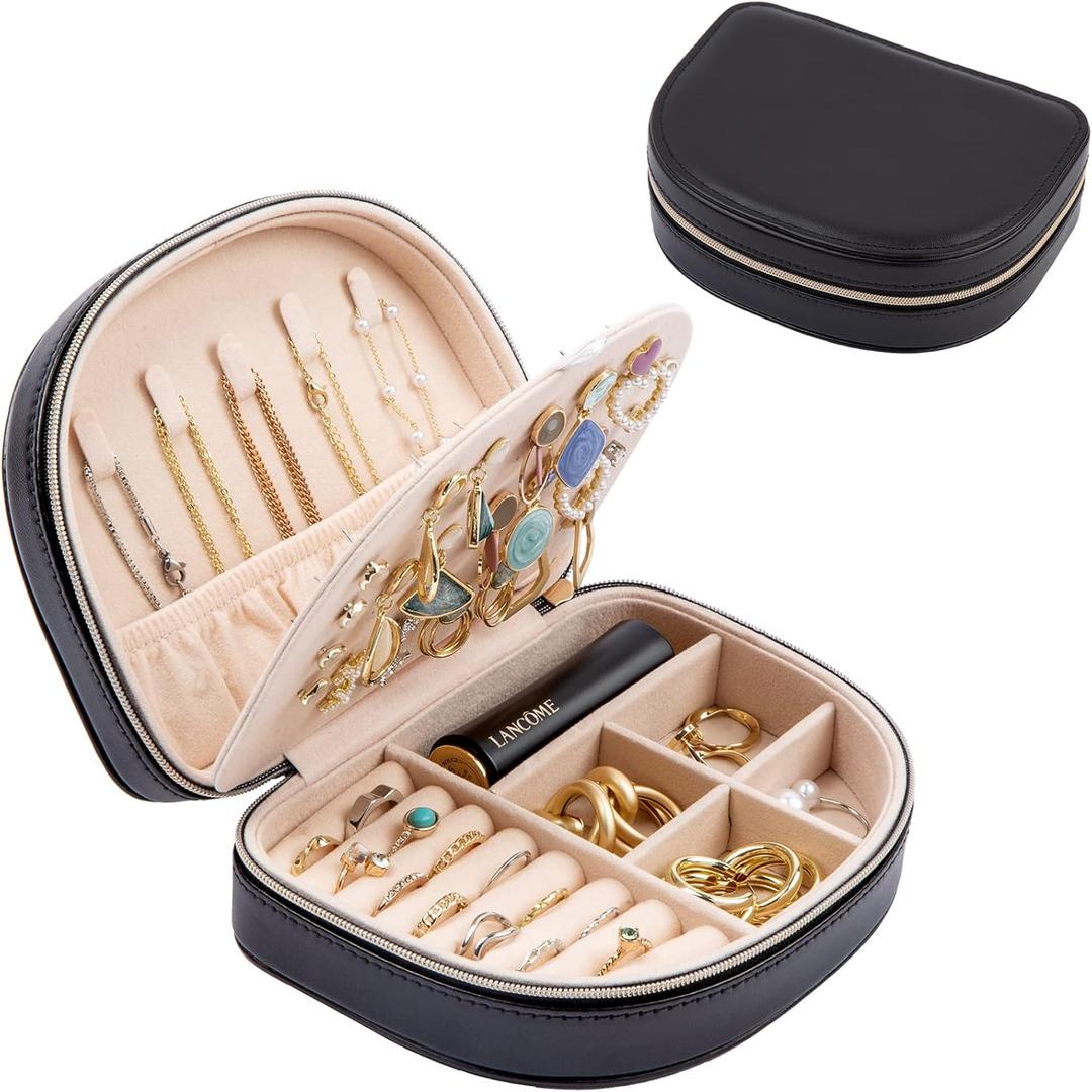 ProCase Travel Size Jewelry Box, Medium Portable Seashell-Shaped Jewelry Case, 2 Layer Jewelry Organizer in PU Leather for Women -Black (Medium - No Mirror)