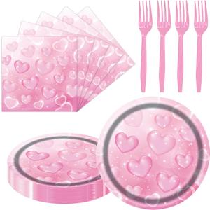 2 x Valentines Day Party Decorations 7inch Paper Plates and Napkins Forks Disposable Set Serves 20 - Pink Hearted Galentines Day Party Supplies for Afternoon Tea,Gatherings,Weddings Cake Dessert(60 Pcs)