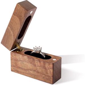 Wooden Engagement Ring Box Small Slim Flat Ring Case for Proposal,Wedding (Walnut Wood)