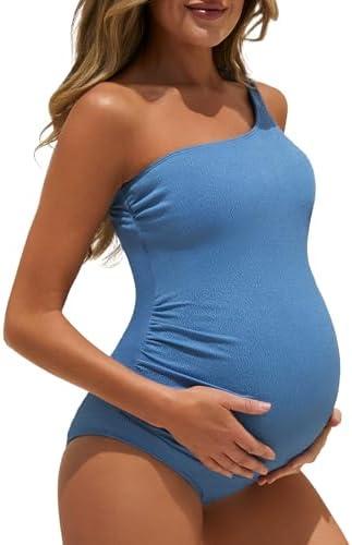 Summer Mae Maternity Swimsuit One Piece One Shoulder Ribbed Pregnancy Bathing Suit, Large