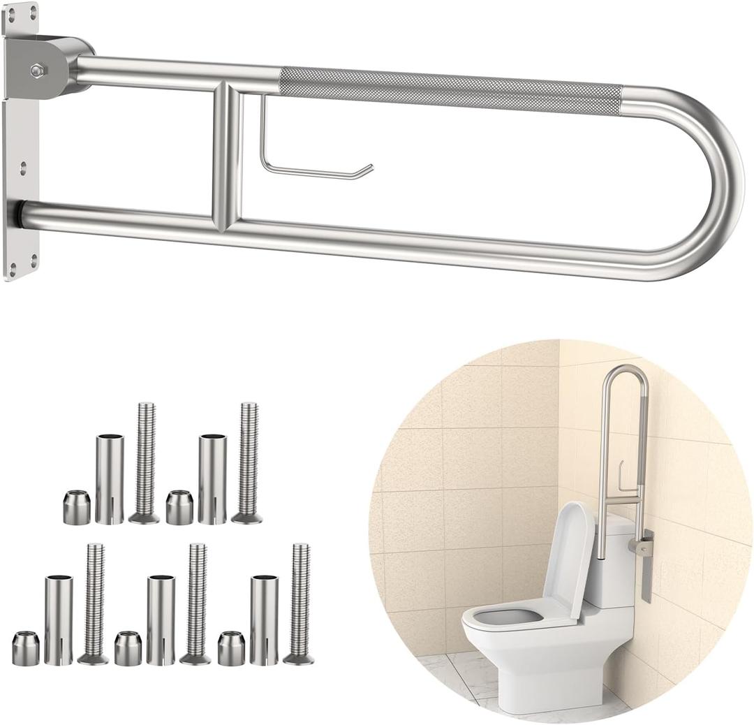 Toilet Grab Bar 30.3 Inch, YuanDe Brushed Nickel Anti-Slip Support Rail, U Shaped Flip-Up Grab Bar with Paper Holder, Stainless Steel Knurled Handicap Safety Handrails for Disabled Elderly Pregnant