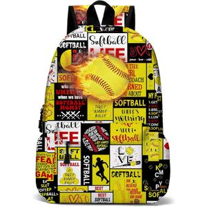 Fire Softball School Backpack for Girls Bookbag, 17 Inch Softball Backpack for School, Kids Softballs Sports Theme Laptop Back Pack for School Travel Hiking Camping