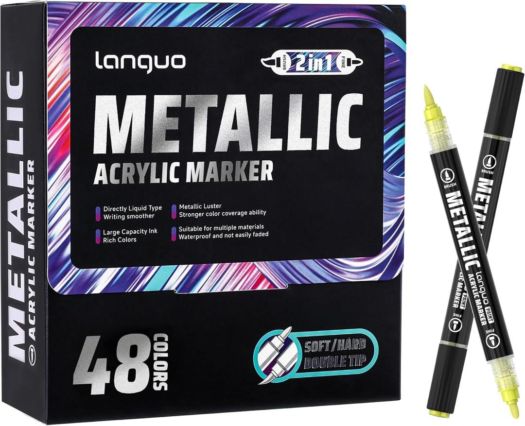 Metallic Acrylic Paint Markers, 48 Colors Dual Tip Acrylic Metallic Markers Set (Brush & Fine), Glitter Paint Pens for Black Paper, Rock Painting, Glass, Wood, Ceramic, DIY Arts and Crafts