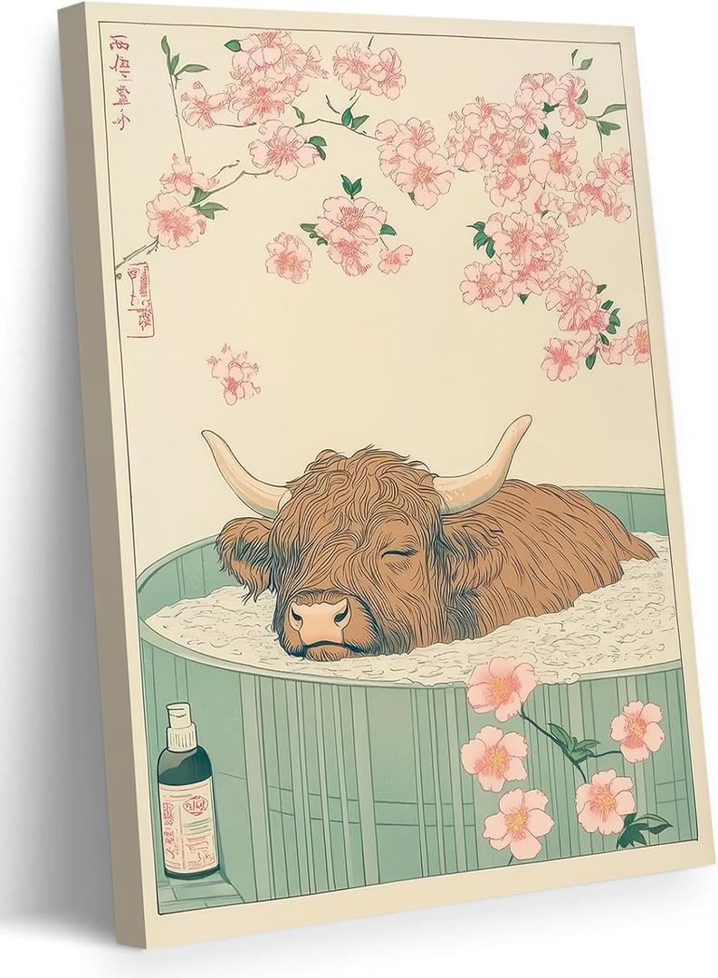 Japanese Bathroom Canvas Wall Art Funny Highland Cow in Bathtub Wall Decor Paintings Vintage Cute Cattle Humorous Animal Prints Aesthetic Pictures for Restroom Toilet Decoration 12x16 Inch Framed (16L" x 12W")