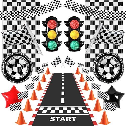 Letsroar Race Car Birthday Party Decorations - Race Car Party Decorations Include Racing Banner & Checkered Flags, Race Car Themed Foil Balloons & Fringe Curtains, Racetrack Floor Runner, Mini Cones