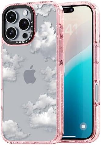 Pack of 2 Bouvardia for iPhone 16 Pro Case, Girly Shockproof Protective Phone Case & White Clouds Design, Aesthetic Cute Pink Glitter Cover from Talented Designer for Women and Girl