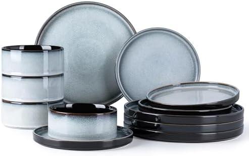 LERATIO Ceramic Dinnerware Sets for 4,Round Reactive Glaze Ceramic Plates and Bowls Set,Highly Chip and Crack Resistant | Dishwasher & Microwave Safe Dishes Set,Service for 4 (11pc)-Gray White
