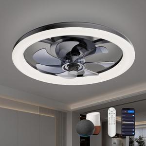PAZALA Smart Ceiling Fans with Lights with Alexa/Google Assistant/App Control, Dimmable Low Profile Ceiling Fan, 6 Wind Speeds Flush Mount Ceiling Fan for Bedroom Kids Room Living Room
