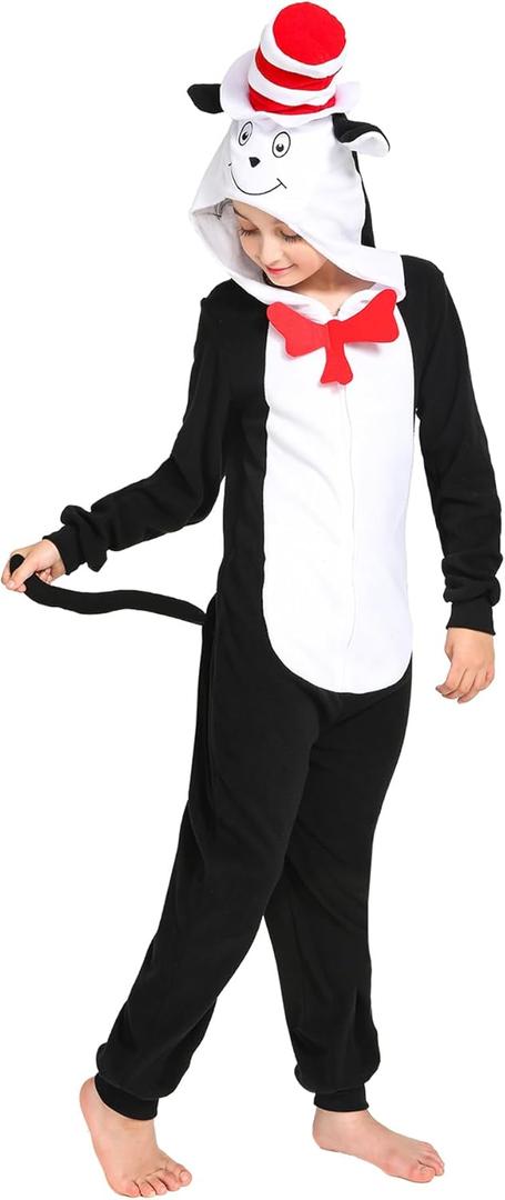 Wizland Cat Costume Onesie for Kids Book Character One Piece Plush Animal Jumpsuit, Halloween Christmas Cosplay Costumes Boys&Girls Sleepwear, Detachable Tail And Hat 6-8