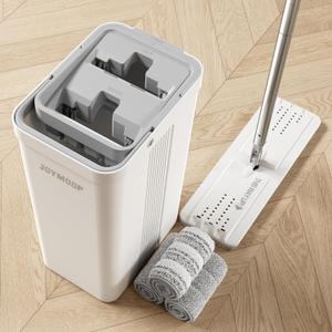 JOYMOOP Mop and Bucket with Wringer Set for Home, Flat Mop and Bucket System, Mops for Floor Cleaning and Wall Cleaner, with 3 Reusable Microfiber Mop Pads (White Bucket #2124 + 50" Flat Mop + 3 Pads)