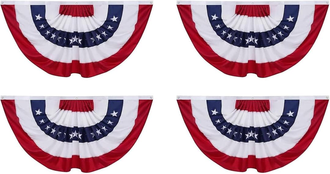 Homissor American Flag Bunting Outdoor 3x6 Ft 4 Packs US Pleated Fan Flag Embroidered Stars USA Pleated Bunting