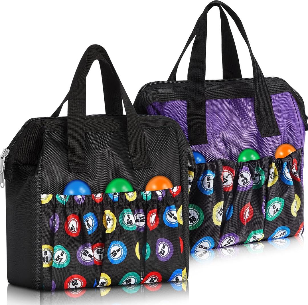 Sweetude 2 Pcs Bingo Dauber Tote Bag Handle and Zipper Bingo Bag with 6 External Pockets and 3 Internal Pockets (Black, Purple)