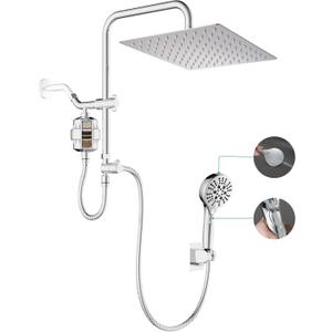 Dual Shower Head with Filter Combo, Stainless Steel 10in Rainfall Showerhead with 10in Height Adjustable Slide Bar&3-Way Diverter, Handheld Shower Head with On Off Switch & Adhesive Shower Holder