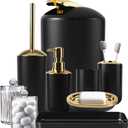 9 Pieces Black Bathroom Accessories Set, Gorgeous Gold Bathroom Set, Can, Toilet Brush, Soap Dispenser and Toothbrush Holder, Soap Dish, Tumbler, Qtip Holder, Tray, Sink Countertop Set Decor