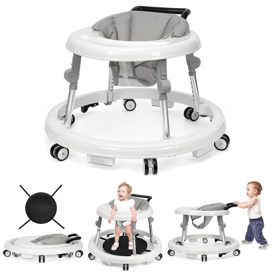 Baby Walker Foldable with 9 Adjustable Heights, Baby Walkers and Activity Center for Boys Girls Babies 6-12 Months, Baby Walker and Bouncer Combo with Wheels Portable Anti-Rollover
