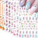 Easter Nail Art Stickers 8 Sheets Spring 3D Self-Adhesive Nail Decals Cute Bunny Flower Designs Nail Decorations Pink Bow Rabbit Hedgehog DIY Nail Supplies Easter Nail Accessories for Women Kids