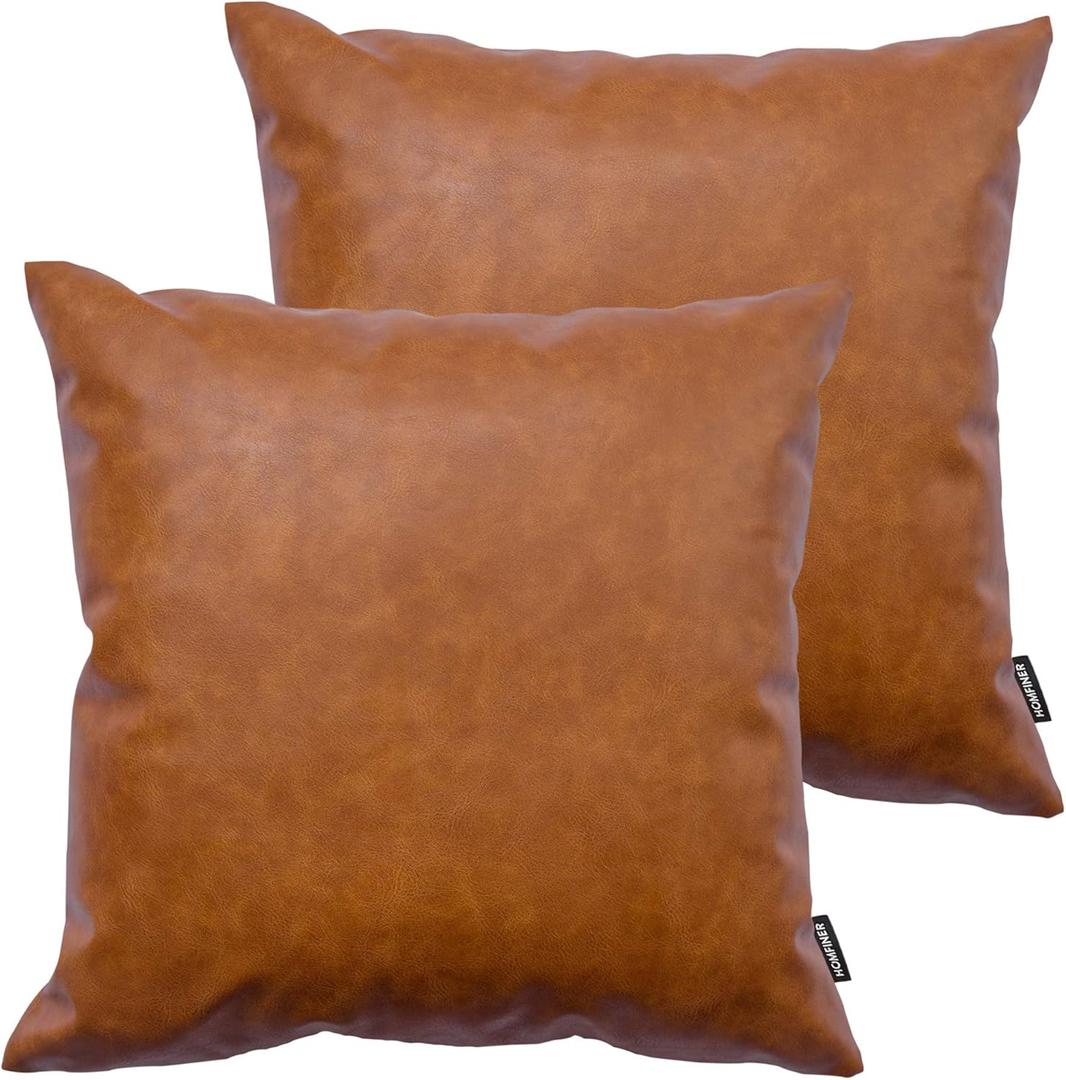 Faux Leather Throw Pillow Covers, 18 x 18 inch Set of 2 Thick Cognac Brown Modern Solid Decorative Square Bedroom Living Room Cushion Cases for Couch Bed Sofa