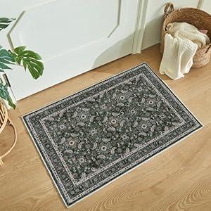WITSHOCK Washable 2x3 Entryway Area Rug: Soft Non-Slip Backing Washable Rugs Vintage Flower Boho Accent Small Rugs for Bedroom, Kitchen, Bathroom, Nursery Entrance, Dark Green