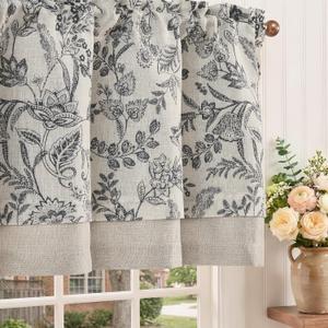 jinchan Linen Valance Curtain Farmhouse Floral Printed Small Window Curtain for Kitchen Rustic Light Filtering Valance for Living Room Bedroom Bathroom 18 Inch Rod Pocket 1 Panel Black on Beige