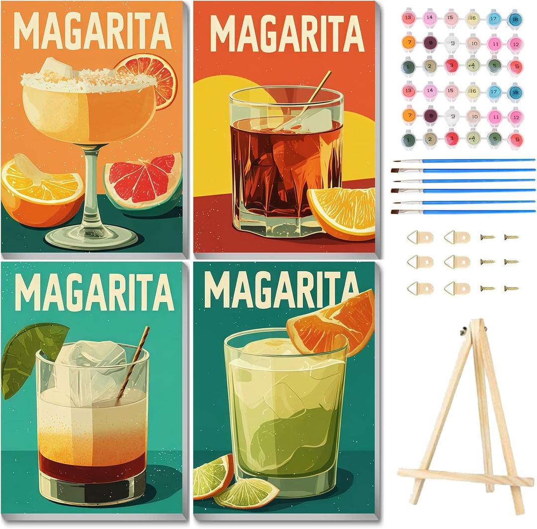 Aestalrcus 4 Pack Framed Paint by Numbers Kit for Adults, Cocktails Adult Paint by Number Kits on Canvas Framed, DIY Acrylic Oil Painting by Numbers for Adults for Gift Home Decor 10x12 inch (Drinks)