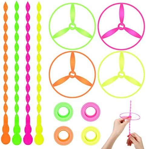 Sotiff 100 Sets Flying Disc Toys Twisty Pull String Flying Saucer Bulk Pull Helicopter Toy Twist Disc Flyer Saucers with Launcher Rings and Twist Sticks for Kids Party Favor Prizes, 4 Random Color