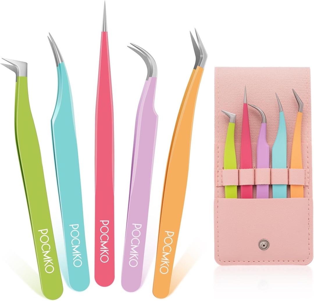 Lash Tweezers for Eyelash Extensions, Lash Extension Tweezer Kit for Beginner, Colorful Eyelash Tweezers Set of 5 for Volume, Isolation and Classic Lashes