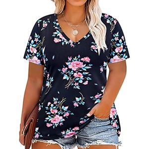 CARCOS Floral Plus Size Tops Womens Short Sleeve Summer T-Shirts V Neck Basic Black Shirts Casual Blouses 2XL 18W 20W
