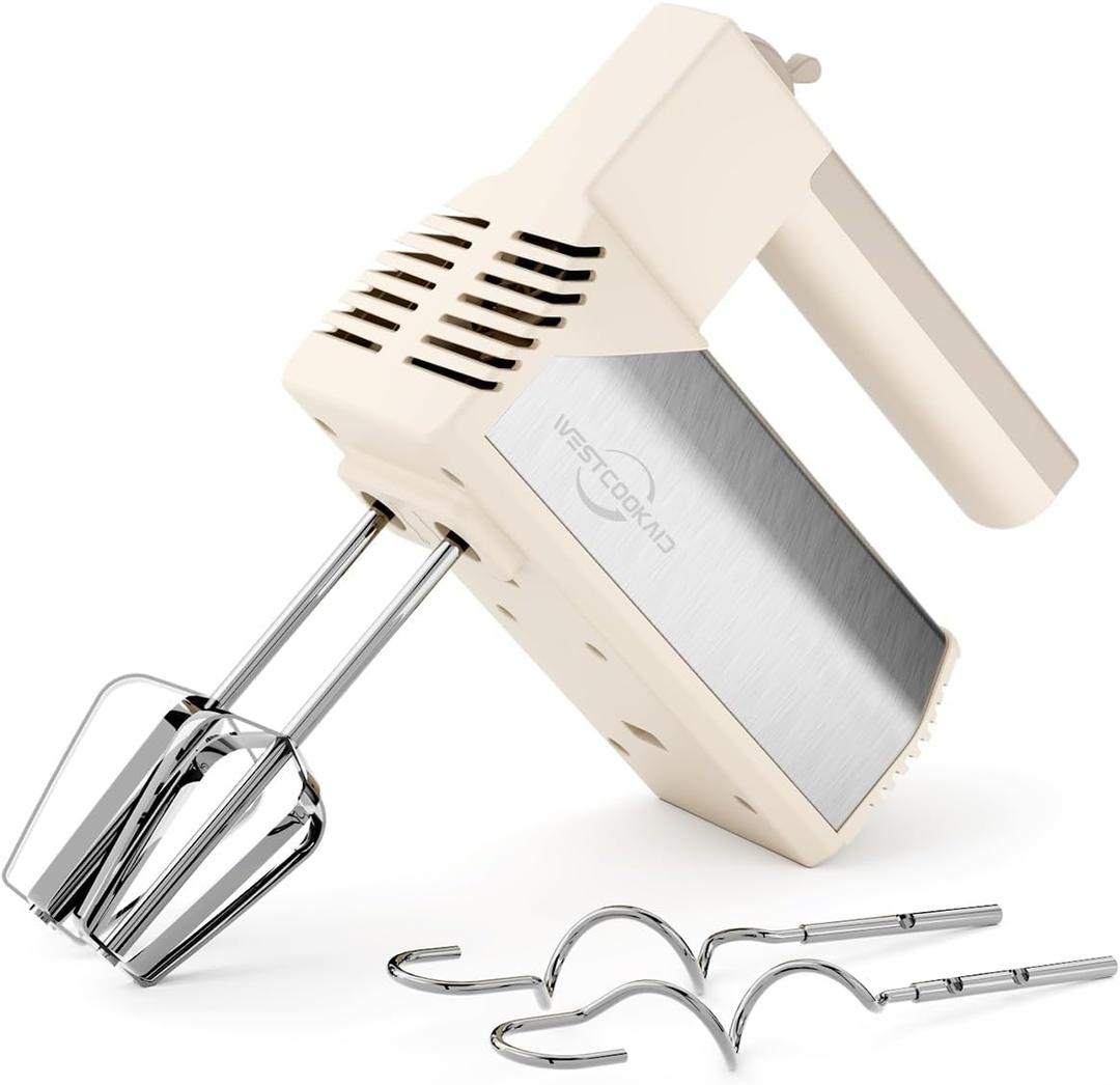Hand Mixer Electric Handheld, 5-Speed 200W Electric Mixer with Stainless Steel Beaters, Dough Hooks, Portable Hand Mixer, WESTCOOKAID Turbo Ultra Power+ Eject Button for Cakes Eggs, Beige