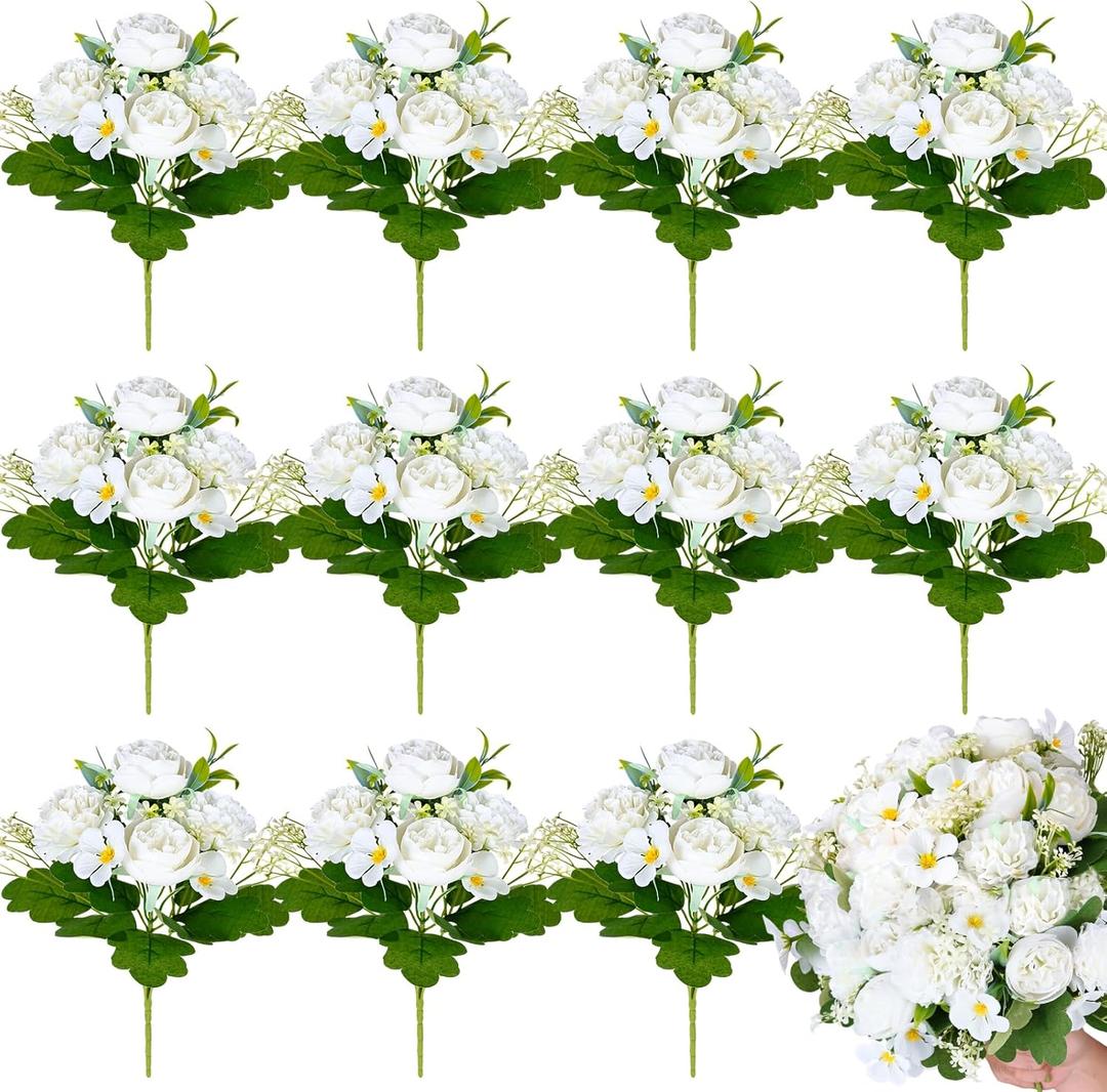 Olgaa 12 Bundles Peonies Artificial Flowers Fake Hydrangea Silk Peony Bouquet Bulk for Vase Floral Arrangements Wedding Arch Decor Centerpiece Table Decorations (White)