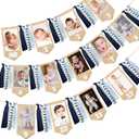 pinkblume 1st Birthday Burlap Photo Banner Garland Handmade Felt from Newborn to 12 Months with Dusty Blue Gray Ribbon for Baby Boy Girl Monthly Milestones First Birthday Party Decoration Supplies