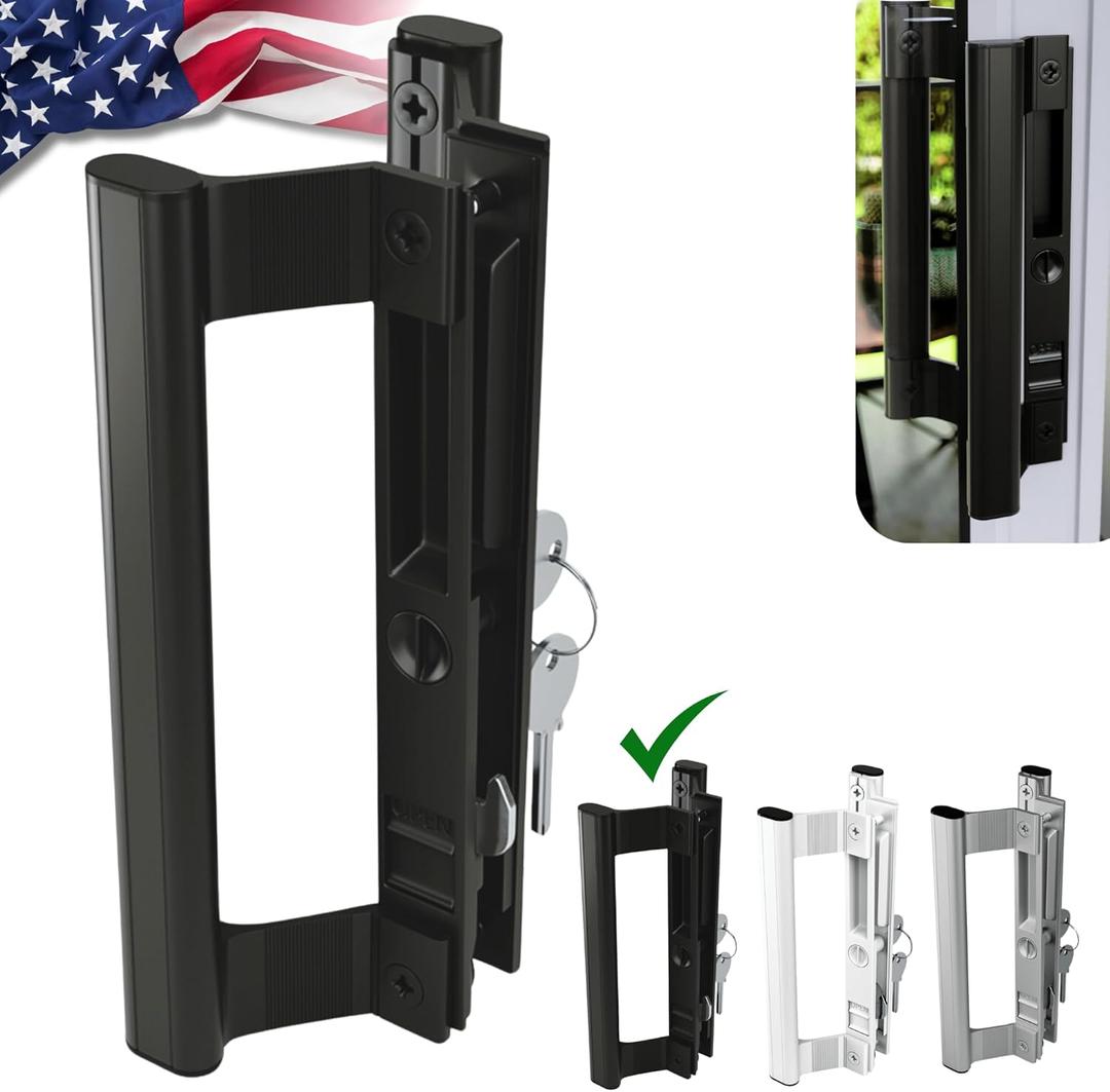 Sliding Glass Door Handle Set with Interior and Exterior Handles, 6-5/8", Fits 1" to 1-1/8" Thick Doors. (Black, Straight Tube Handle with Key)