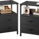 Huuger Night Stand Set of 2, Nightstand with 2 Drawers, Bed Side Table with Open Shelf, Wooden Top, End Table, Fabric Drawer, for Bedroom, Black
