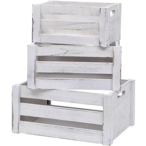 Large Vintage Black Wooden Crates for Display, Set of 3 With Handles, Rustic Handmade Boxes for Storage, Solid Decorative Boxes (Rustic White)