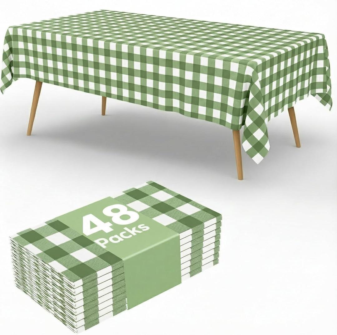48 Pcs Sage Green Gingham Disposable Tablecloth, 54 x 108 Inch Plastic Checkered Table Cloth for Party, Picnic, Wedding, Baby Shower, Outdoor Birthday Decorations